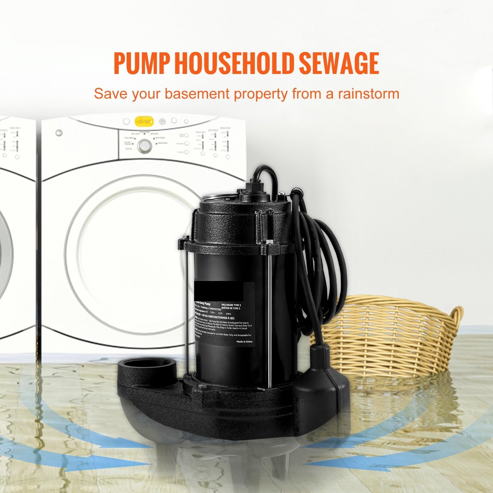 Llenado por Peso Bomba sumergible for aguas residuales de 3/4", 5880 GPH, 1050 W, hierro fundido, con interruptor flotador 10 pies, for fosas sépticas y sótanos