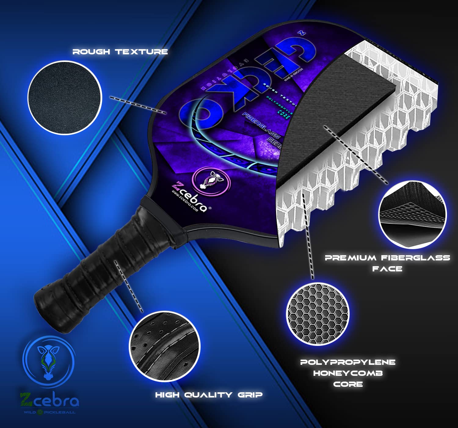 Raquette de Pickleball Composite - Raquette légère en fibre de verre noyau en panneau d'abeille polypropylène texturé - Paddle Premium ZGECKO