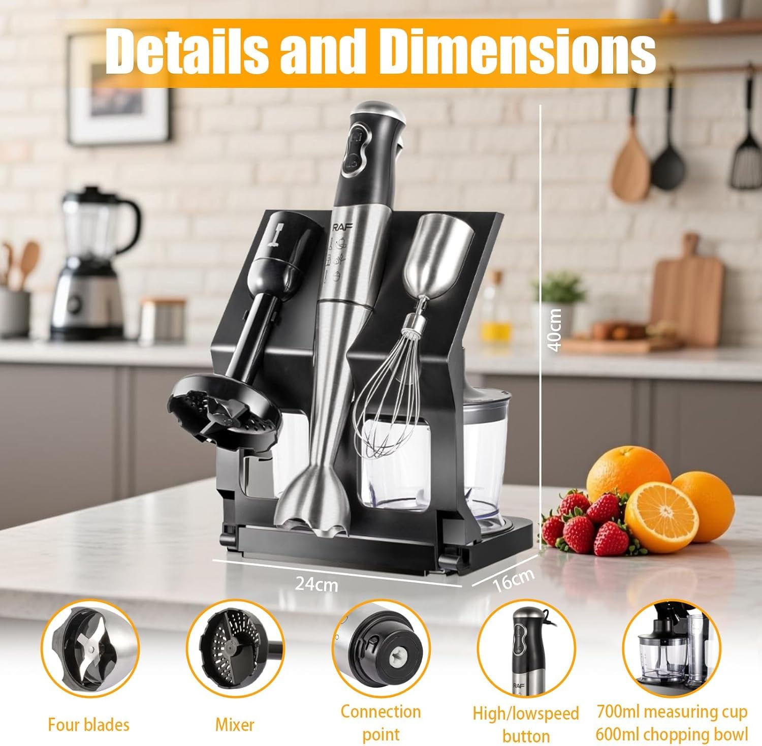 Set frullatore a immersione da cucina 5 in 1 frullatore a immersione con frullatore, frusta, tritatutto e tazza, due velocità frullatore manuale per carne, alimenti per bambini e frullati