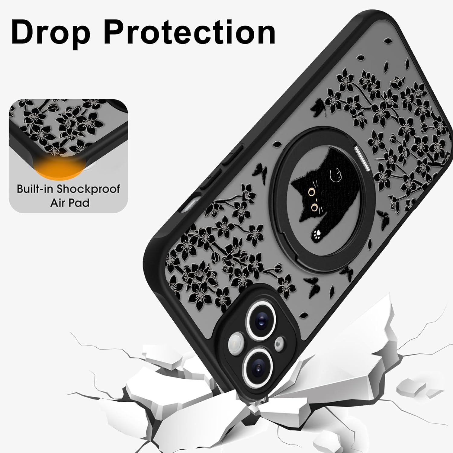 Cute Case for iPhone 13 Case with Stand [ Compatible with MagSafe ] Kawaii Black Cat & Floral & Butterflies Pattern Design 360 Magnetic Ring Kickstand Phone Cover for Women Girls Boys