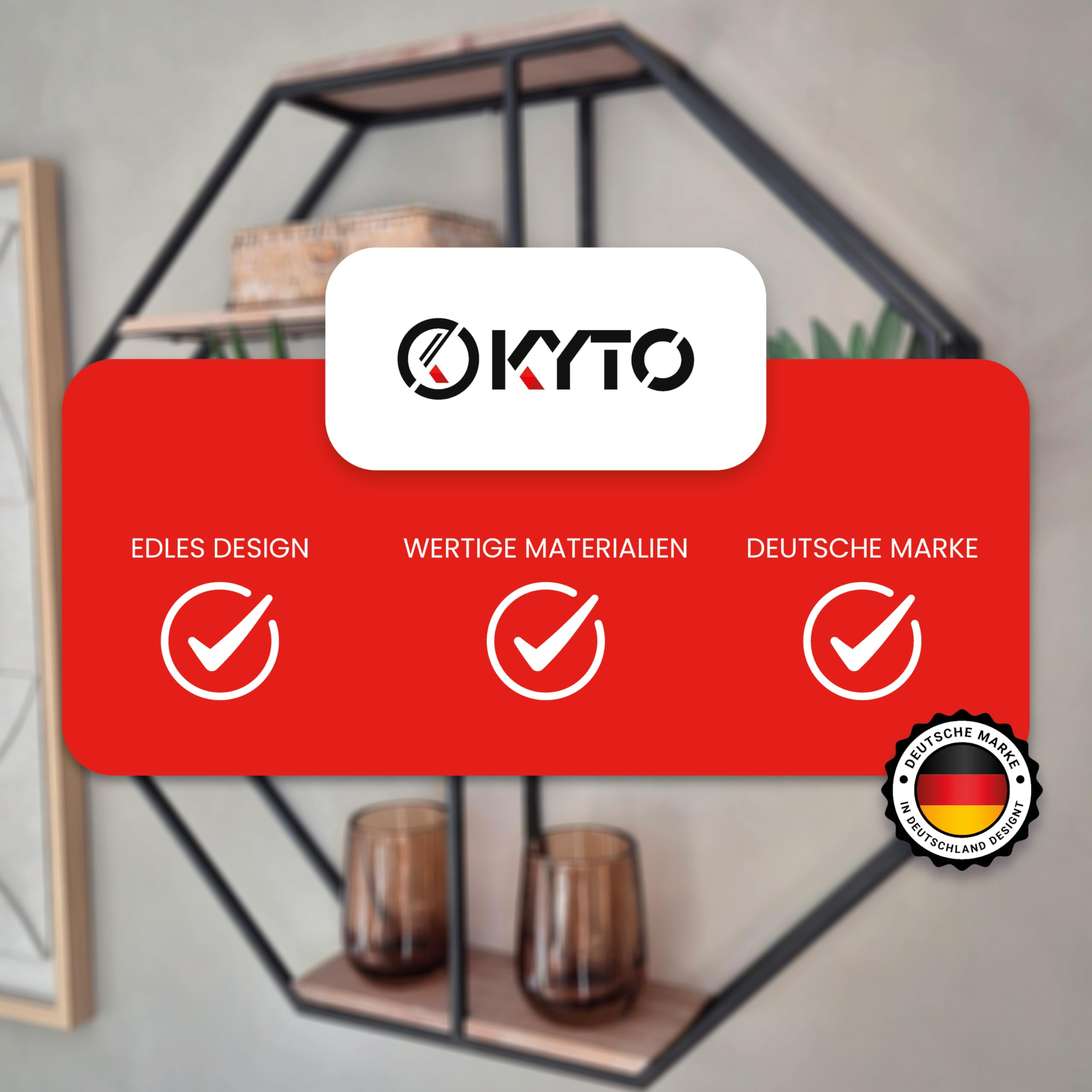 Kyto Wandregal Achteckig 60x60cm Durchmesser, Robustes Oktagon Deko Regal aus Metall Oktagonalform und 5 Holz Ebenen
