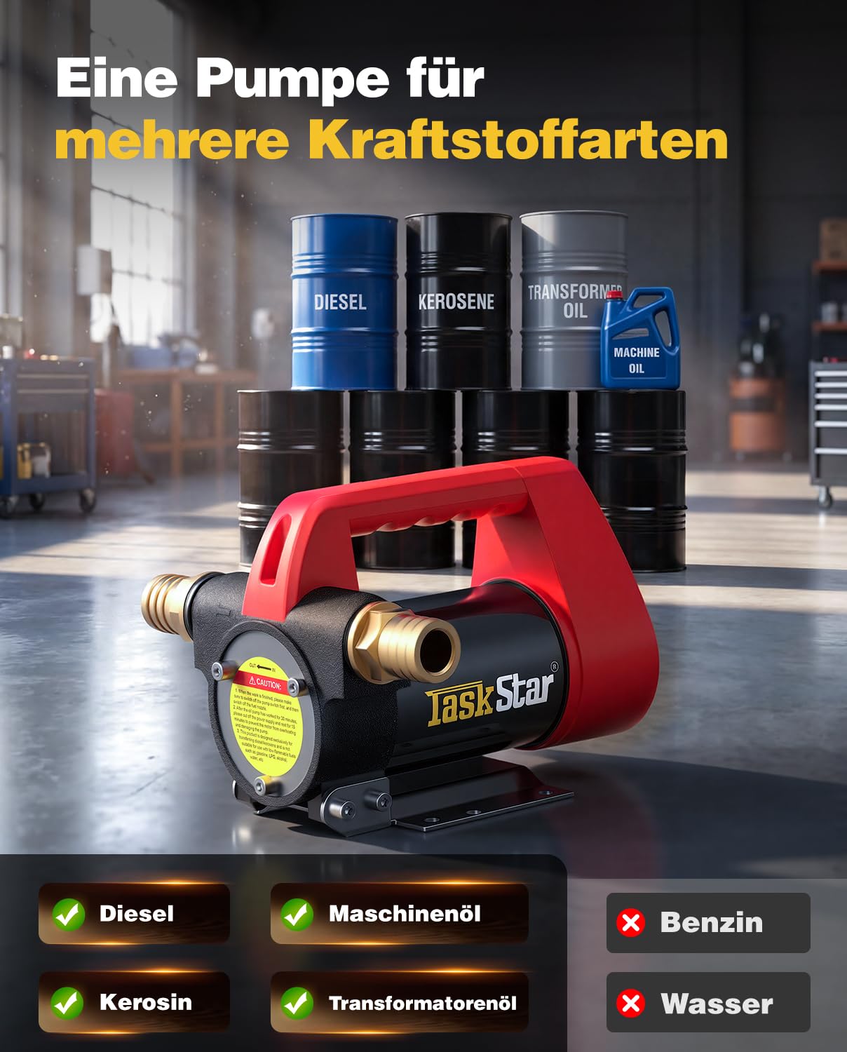 TaskStar Elektrische Dieselpumpe 12V: 50 L/min Tragbare Kraftstoffpumpe mit Zapfpistole, Filter & Schläuchen für Diesel, Biodiesel, Kerosin, Heizöl – Heizölpumpe Für Haus, Bauernhof & Baustelle