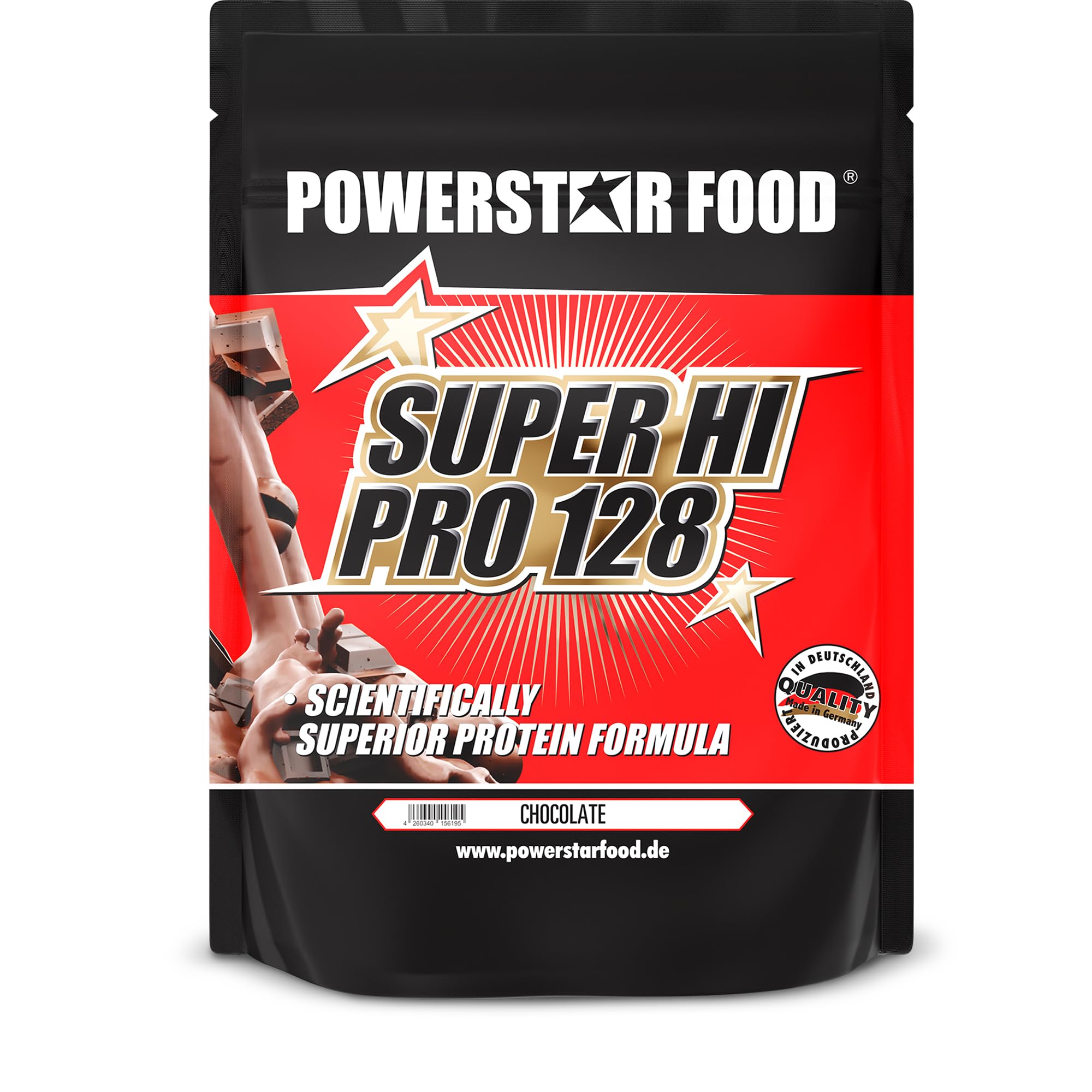 Powerstar SUPER HI PRO 128 | Mehrkomponenten Protein-Pulver Chocolate 1kg | Höchstmögliche Biologische Wertigkeit | Eiweiß-Pulver mit 78% Protein i.Tr. | Protein-Shake zum Muskelaufbau & Abnehmen