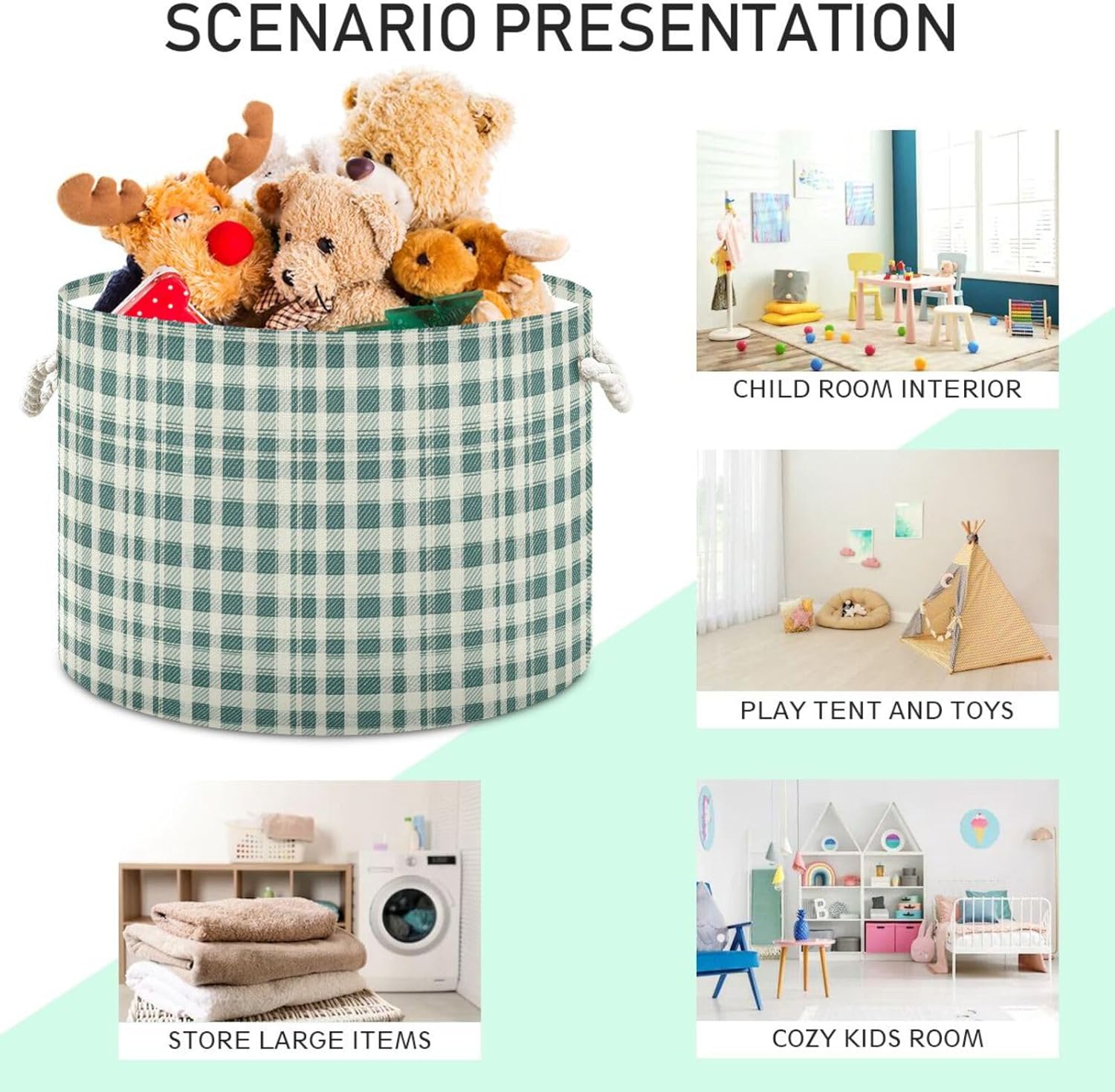 Vintage Buffalo Plaid Checked Beige Teal storage basket collapsable and waterproof clothes hamper with sturdy handle cubbies accessories storage bins for closet garage toy