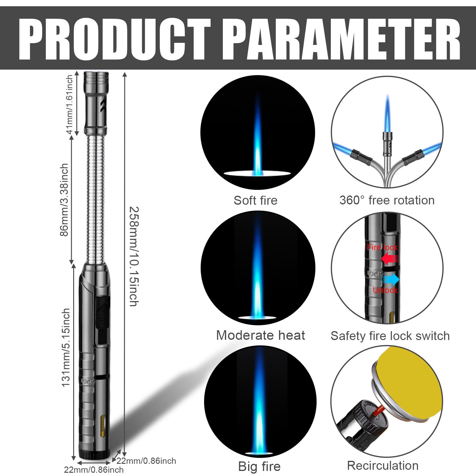 Briquet Chalumeau à Gaz Butane Rechargeable Coupe-vent Réglable Triple