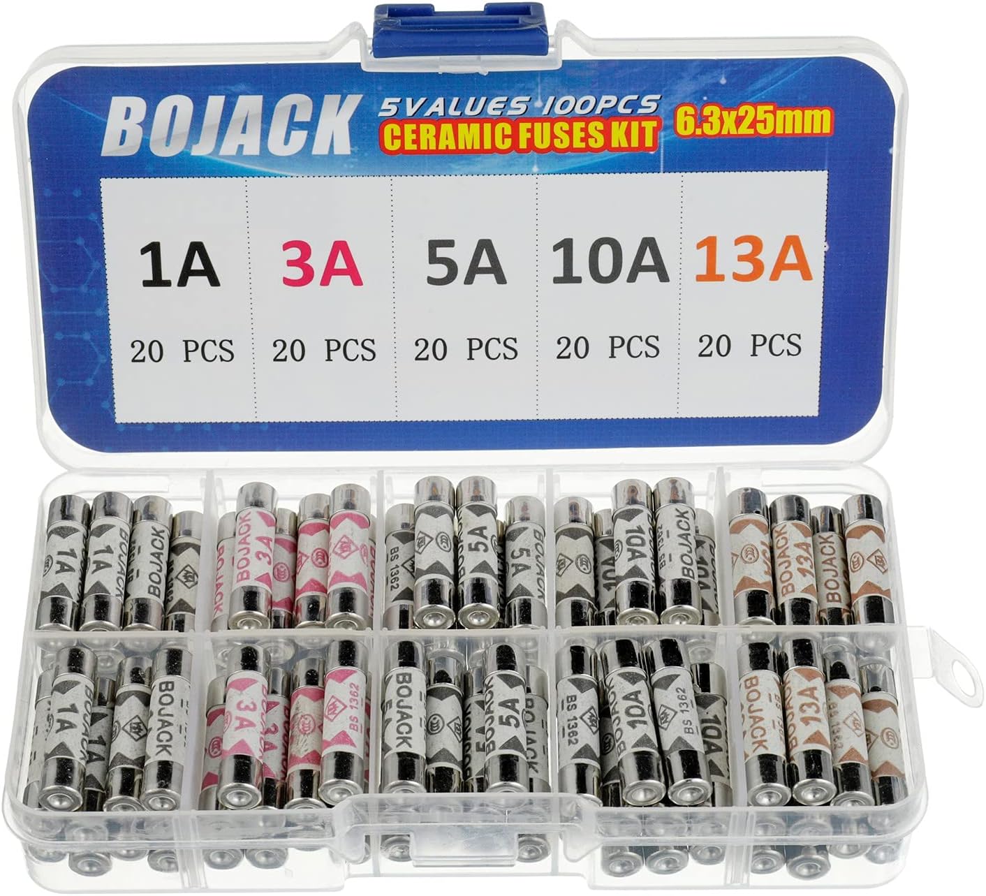 BOJACK 5 Values 100 pcs 1 3 5 10 13 A amp 240 V Volt Household Mains Plug Fuse 6.3x25 mm 0.25x1Inch BS1362 Ceramic Tube Cartridge Fuses Assortment Kit packag in a Clear Plastic Box