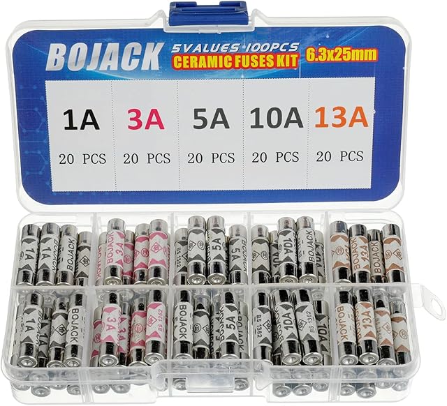 BOJACK 5 Values 100 pcs 1 3 5 10 13 A amp 240 V Volt Household Mains Plug Fuse 6.3x25 mm 0.25x1Inch BS1362 Ceramic Tube Cartridge Fuses Assortment Kit packag in a Clear Plastic Box