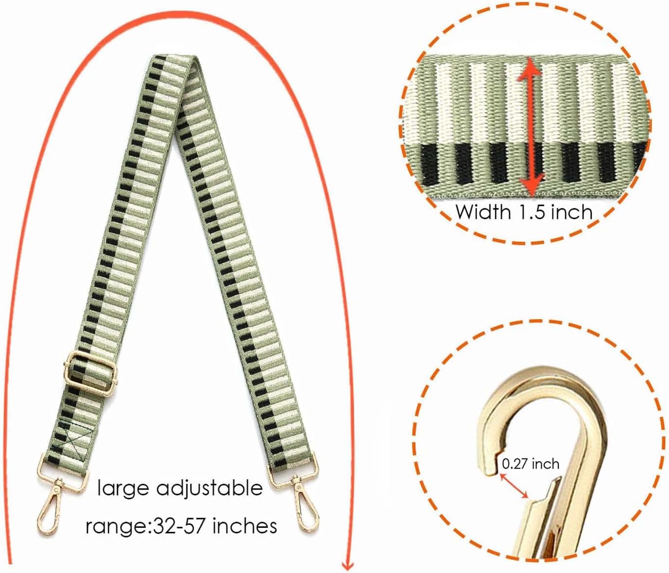 Senral Wide Purse Straps Replacement Crossbody Striped Straps Replacement Shoulder Strap with Gold Bucket (grass green) - Image 5