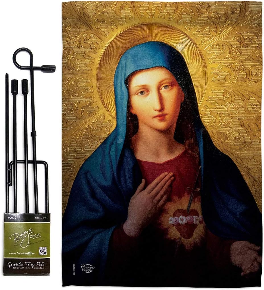 Sacred Heart of Mary Garden Flag Set with Stand Religious Faith Hope Grace Peace Dove Christian Religion Easter House Decoration Banner Small Yard Gift Double-Sided, Made in USA