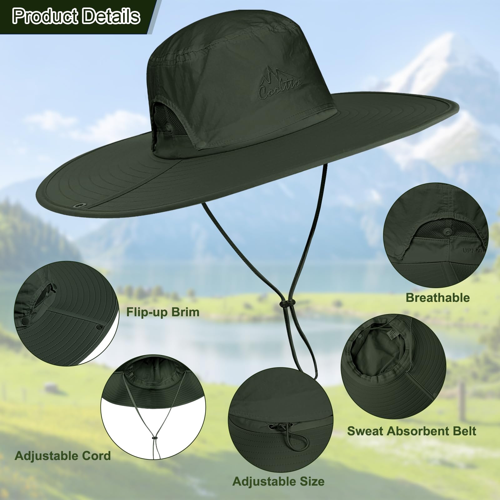 Cooltto Sun Hats for Men/Women with UPF 50+ UV Protection, Wide Brim Waterproof Breathable for Cycling Fishing, Hiking, Golf - Image 8
