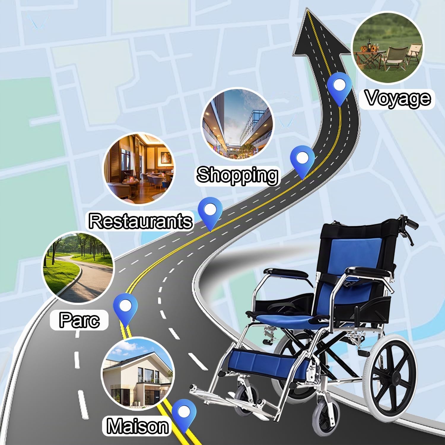 M3 Fauteuil roulant, pliable, léger, avec frein sur les poignées, pour personnes handicapées et personnes âgées, avec soutien au pied, accoudoirs, siège 45 cm
