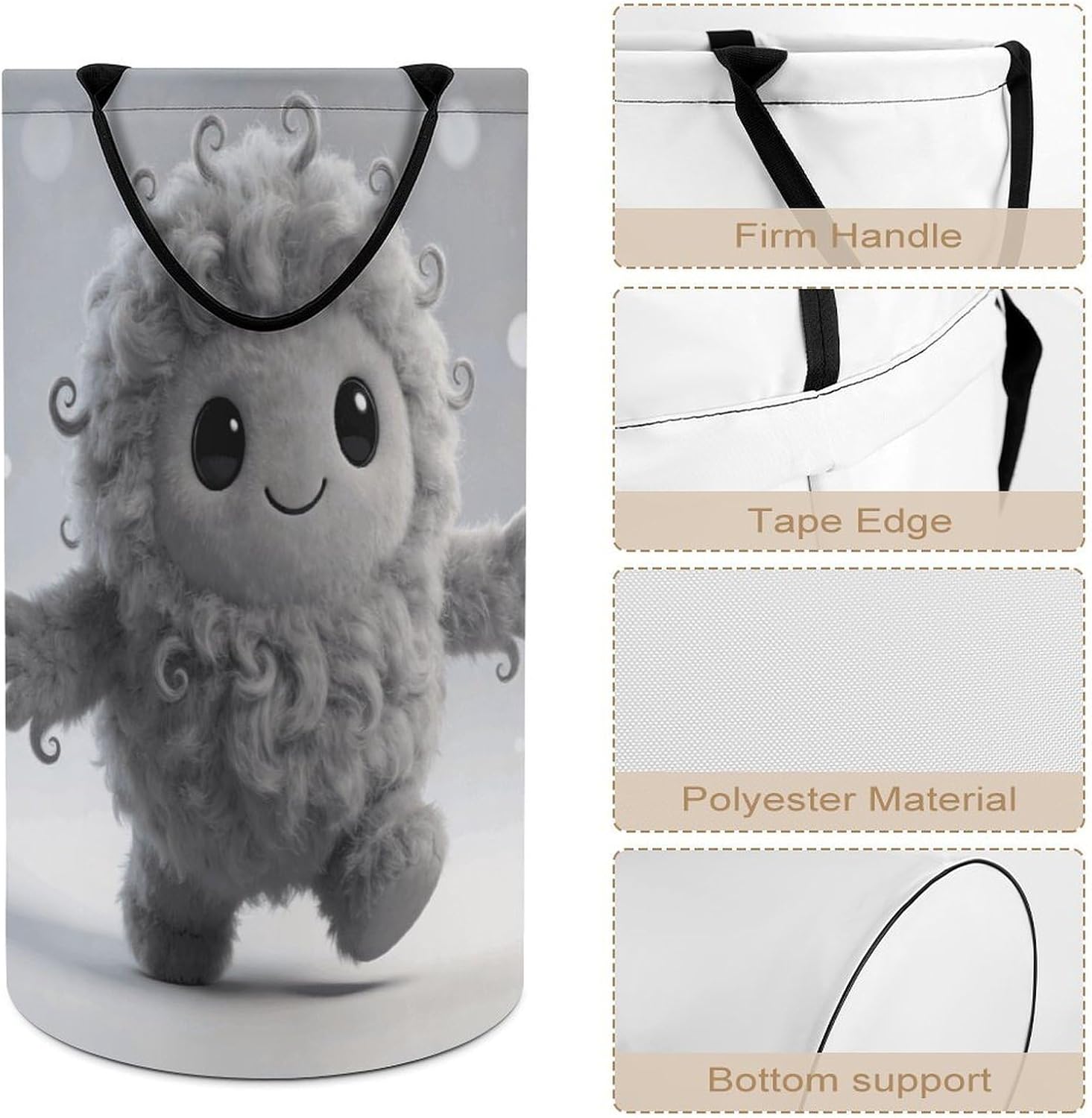 Grey Villi Laundry Hamper with Handles Waterproof Collapsible Laundry Basket Large Lightweight Round Dirty Clothes Hamper for Home Dorm Bathroom Decor