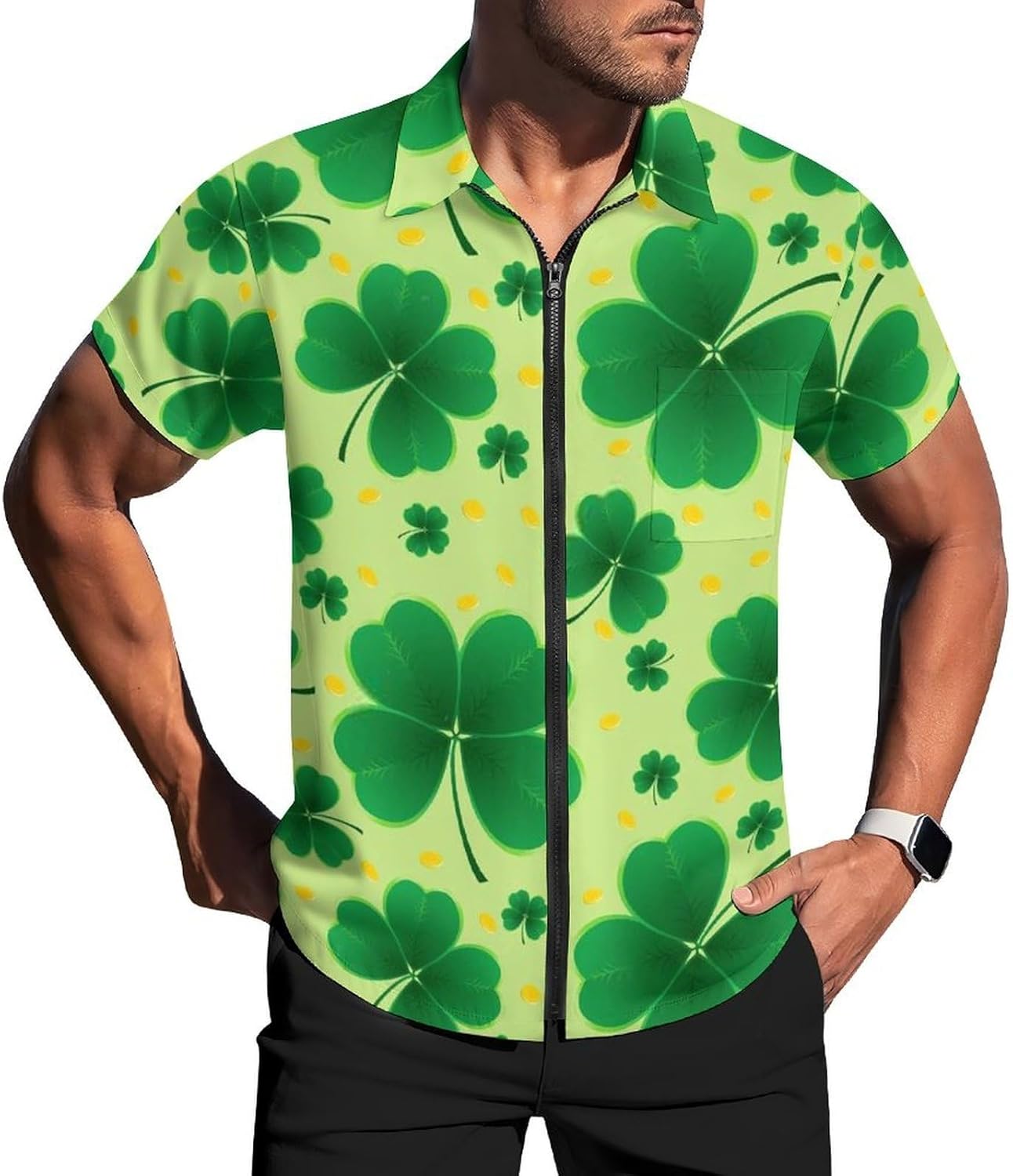 St. Patrick's Day Shamrocks Clovers Men's Short Sleeve Shirt Zip-Up Golf Polo Shirts with Pocket