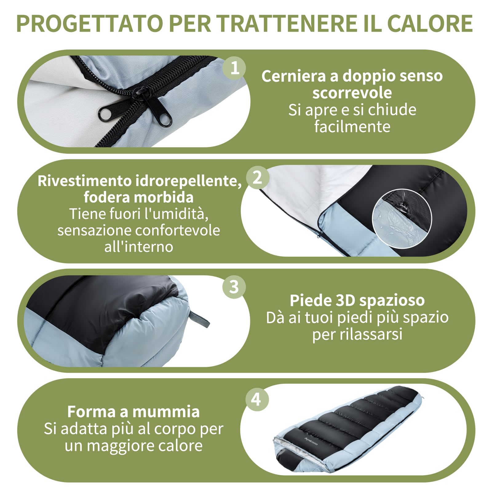 Sacco a Pelo Mummia per Campeggio e Clima Freddo, Imbottitura 450 GSM in Fibra Cava, Rivestimento Idrorepellente e Antivento, Sacco a Pelo 3 Stagioni con Cappuccio Regolabile per Trekking