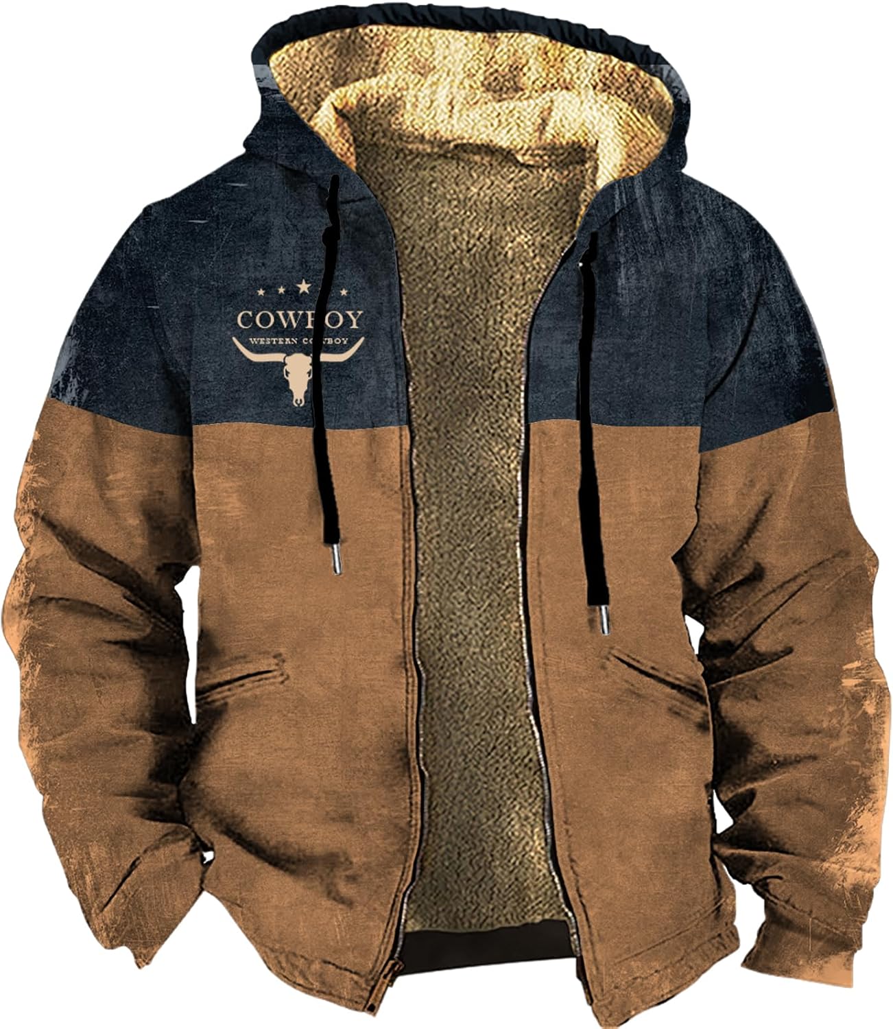 Fleece Jacket Men Western Cowboy Bull Graphic Full Zip Drawstring Casual Stylish Big And Tall Hooded Jacket