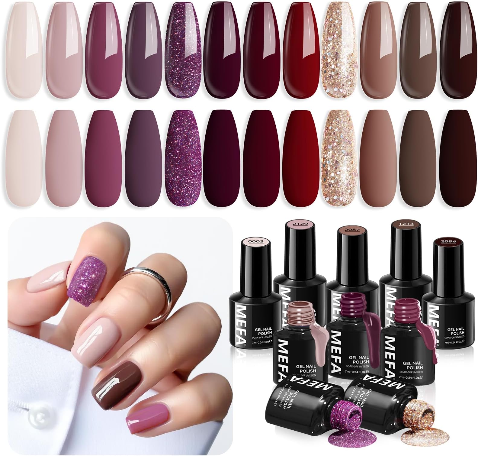 MEFA Gel Nail Polish Set, 12 Colors Fall Burgundy Red Nail Polish Set Champagne Gold Glitter Nail Polish Gel Soak Off Dark Red Purple Shimmer Nude Brown Manicure Gifts for Women Girl DIY Salon Home