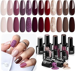 MEFA Fall Gel Nail Polish Set, 12 Colors Burgundy Red Nail Polish Set Champagne Gold Glitter Nail Polish Gel Soak Off Dark Red Purple Shimmer Nude Brown Manicure Gifts for Women Girl DIY Salon Home
