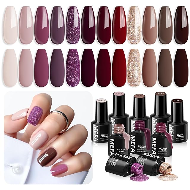 MEFA Fall Gel Nail Polish Set 12 Colors Burgundy Red Nail Polish Set Champagne Gold Glitter Nail Polish