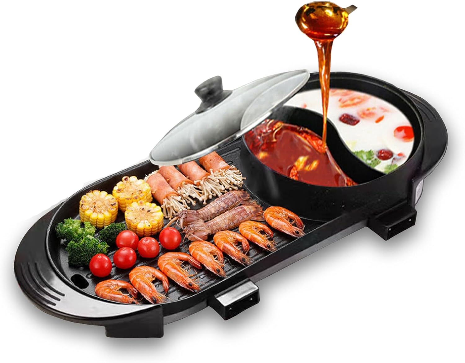 Hot Pot with Grill 2 in 1 Indoor 1500W Smokeless Large Capacity Electric Non Stick BBQ Grill Shabu with Separate Dual Temperature Contral for 2-12 People Household Dinner and Party