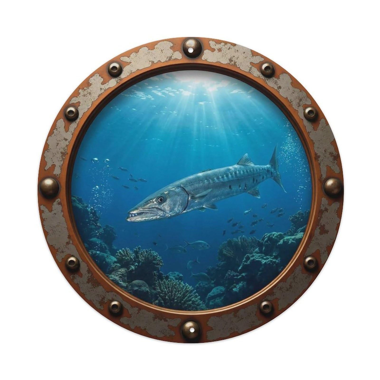 Vintage Porthole Barracuda Nautical Window View Vintage Metal Tin Sign Plaque Wall Decor for Cafe, Club Bar, Office, Garden Metal Poster 8x8Inch