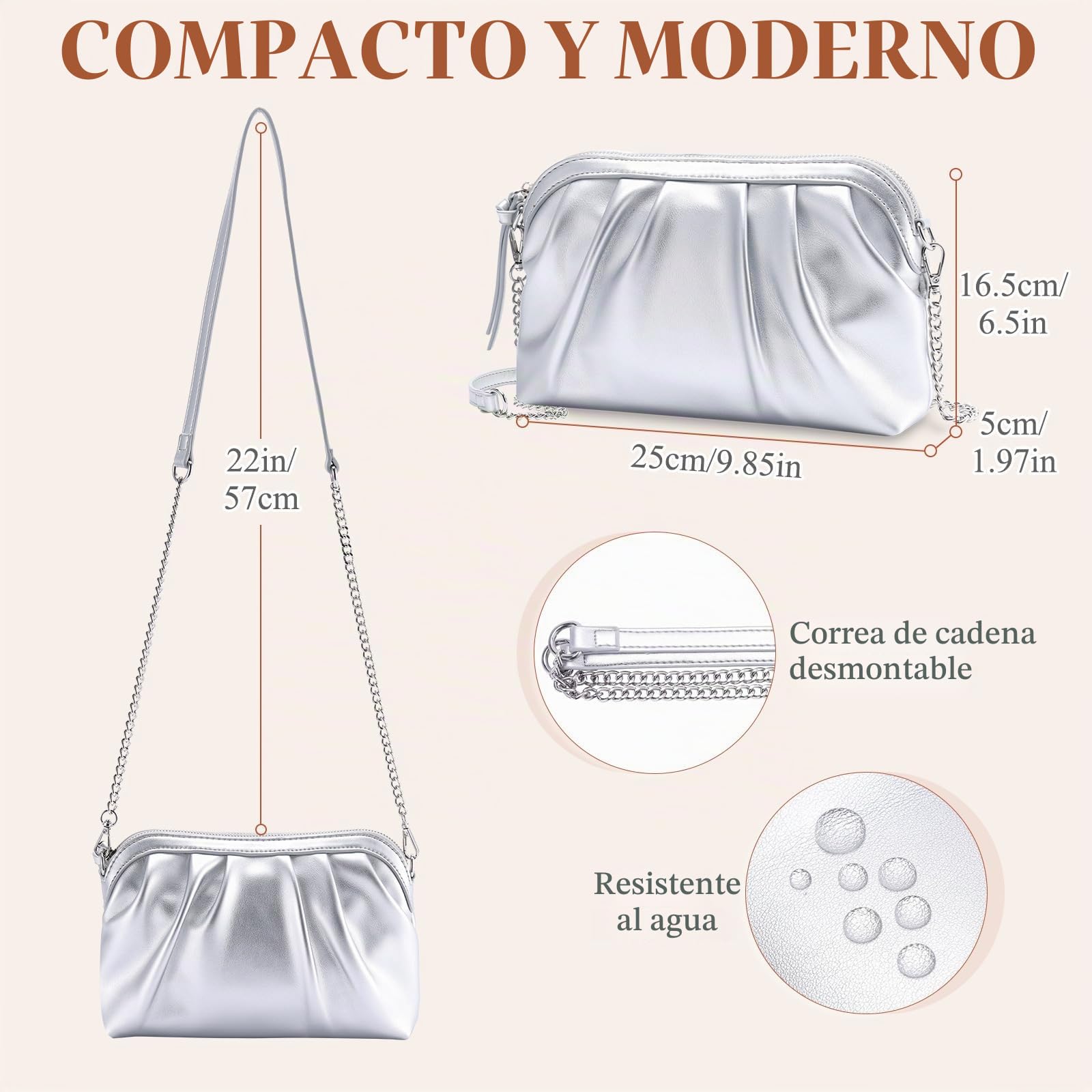 VASCHY Bolso Fiesta Mujer Cuero con Correa de Hombro Extraíble | Bolso Dorado Forma Concha Plisado,Cierre Superior de Cremallera,Bolsillos internos,Uso al Hombro o Cruzado
