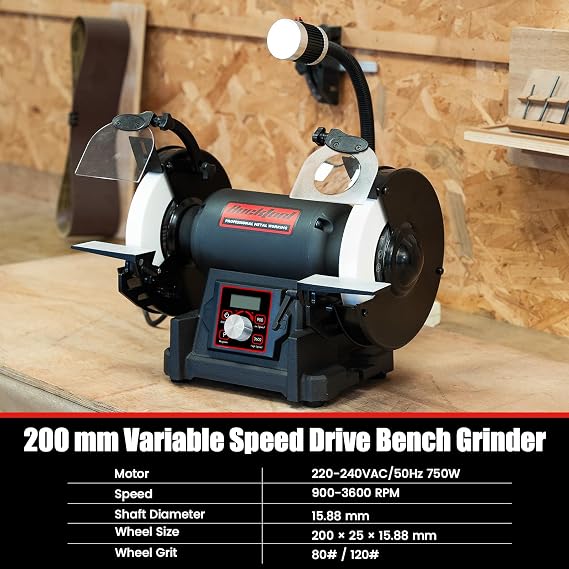 BUCKTOOL Variable Speed Bench Grinder, 200mm, 750W VFD Table Top Grinder