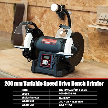 BUCKTOOL Variable Speed Bench Grinder, 200mm, 750W VFD Table Top Grinder