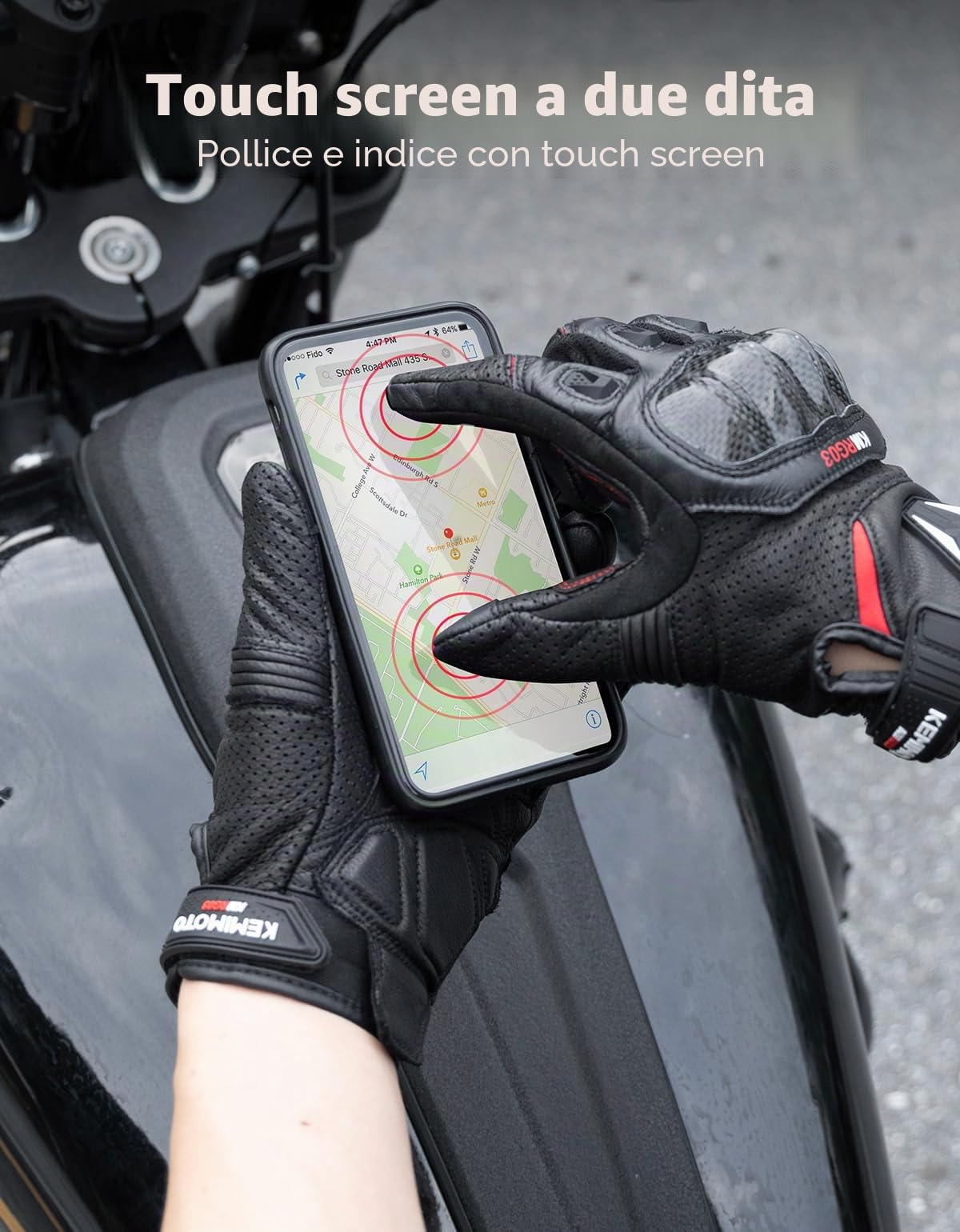KEMIMOTO Guanti da Moto da Uomo, In Pelle di Capra con Cuscinetti Antiscivolo, Touch Screen, Guanti Protettivi per Motocross, Scooter, Ciclomotori, Quad, Paitball, ATV