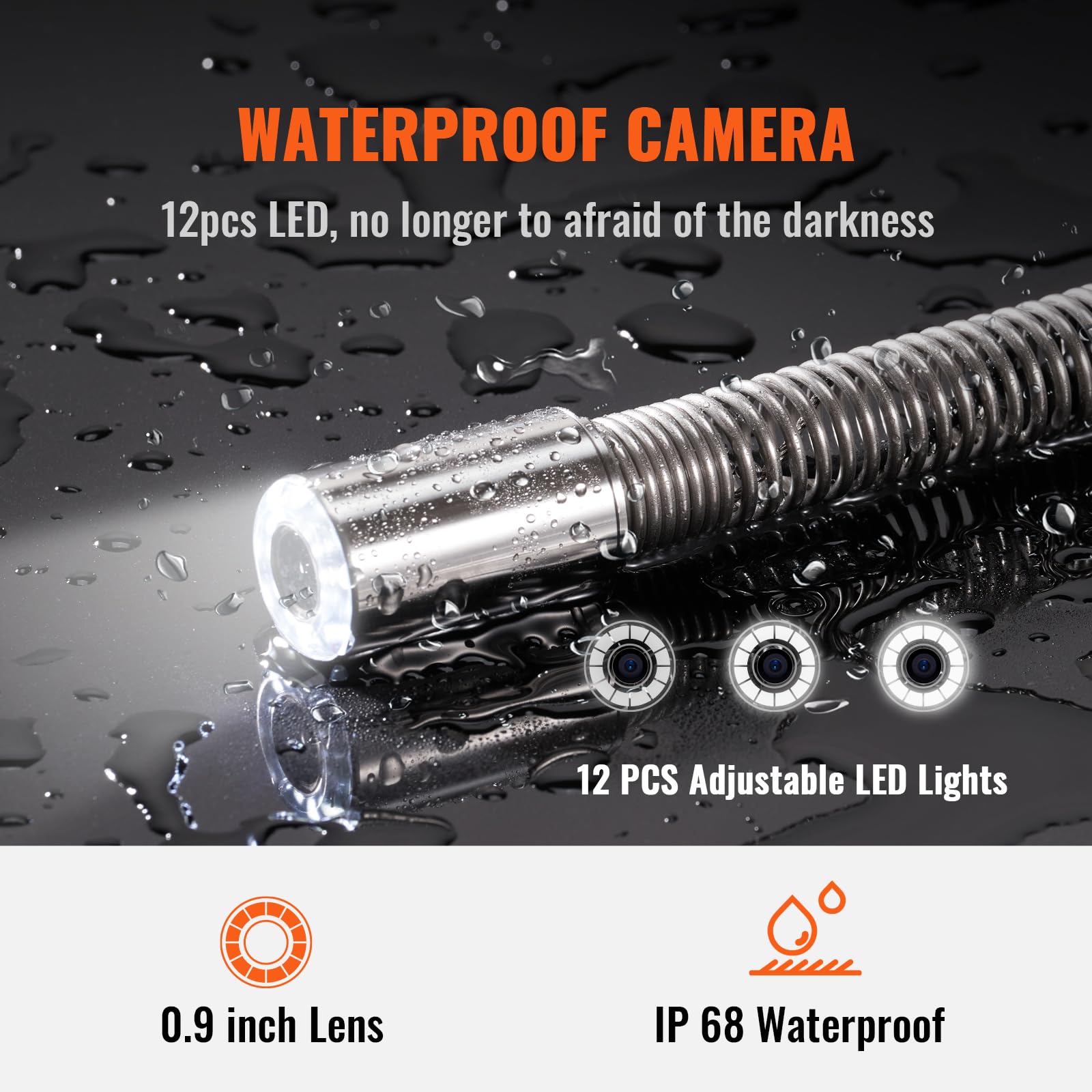 VEVOR Inspection Camera Rura 91,5 m Endoskopowy ekran odpływowy 9'' z wodoodpornym rejestratorem DVR IP68 12 diod LED, regulowana, karta SD 16 GB do rury kanalizacyjnej domu hydrauliki spustowej