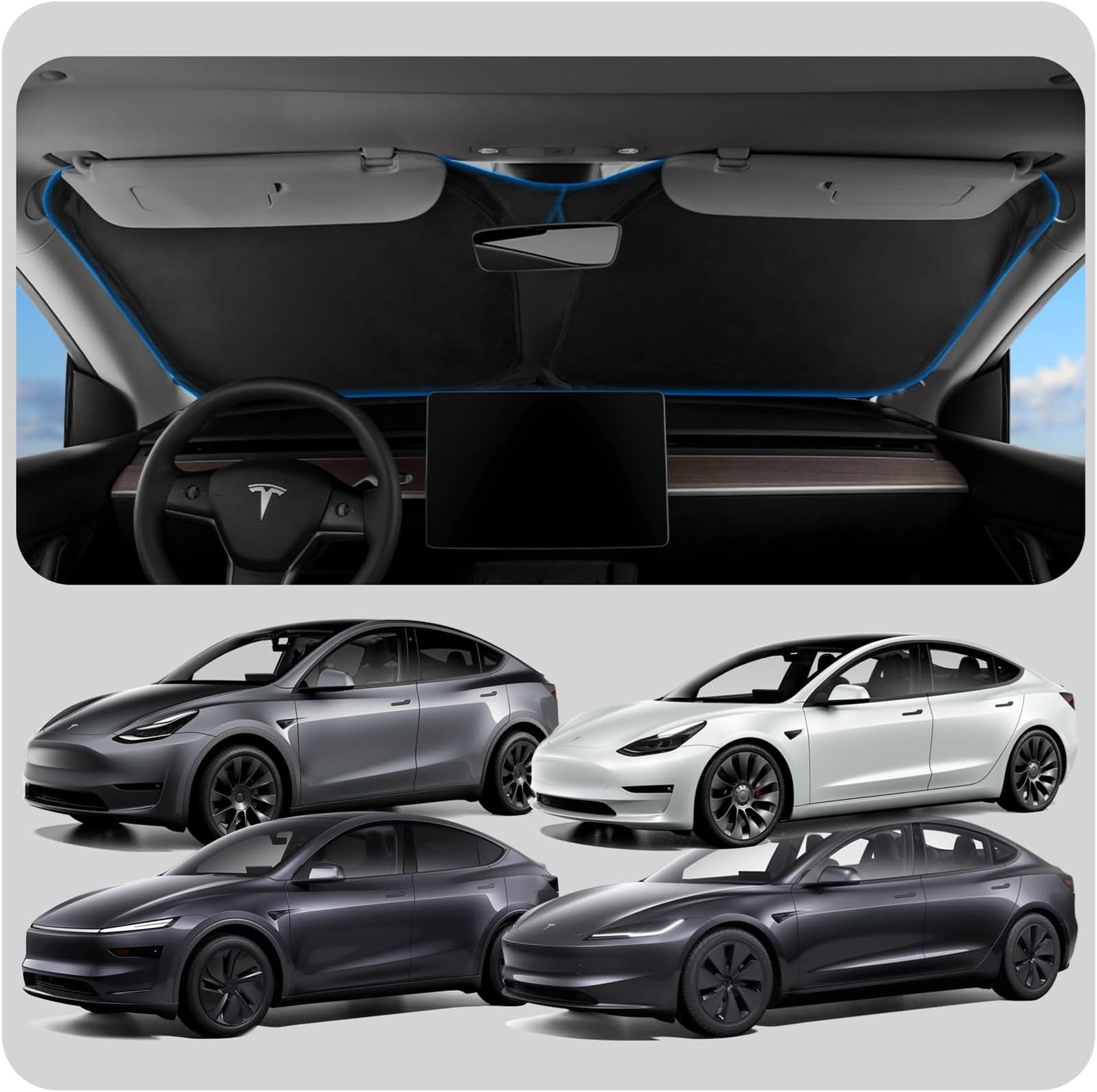 Spigen Front Windshield Sunshade for All Tesla Model Y & 3 | Dual Layered Protection Car Accessories for Model Y Juniper and Model 3 Highland | Gift for Tesla Owner