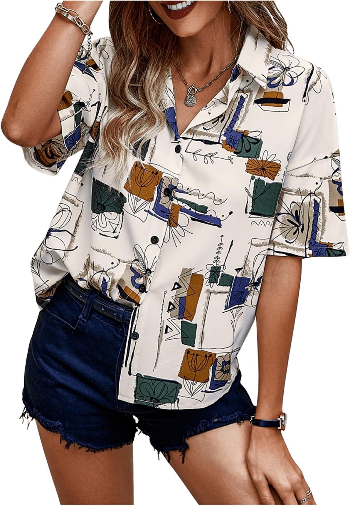 Milumia Women's Graphic Color Block Button Down Shirts Short Sleeve 80s Blouse Top