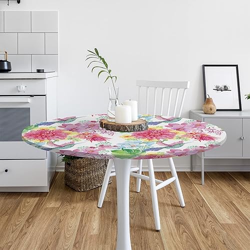 Miniatura 7 de AUUXVA Mantel de primavera con bordes elásticos y hojas de colibrí para mesa redonda, antideslizante, impermeable, 100% poliéster, fácil de limpiar,
