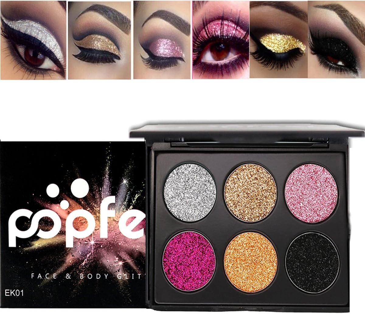 Glitter Eye Shadow 6Color/Set Black/Sliver/Gold/Pink/Rose-Gold/Champagne Glitter Eyes Waterproof Long-lasting Pressed Palette Eyeshadow Pigment Powder No Glue Needed by TOBEAUTY
