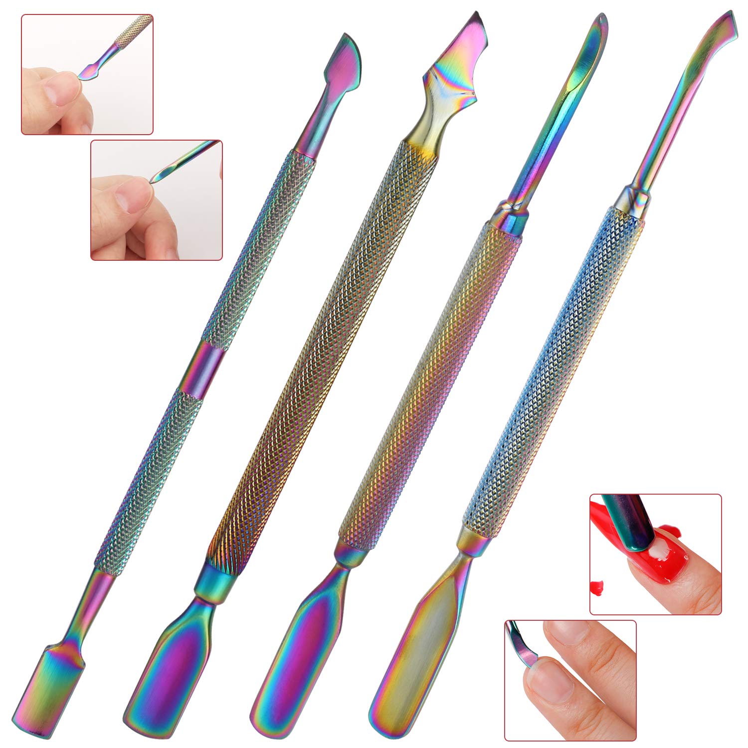 Mwoot 4 Pieces Cuticle Pusher Kit, Dual End Nail Gel Polish Removal Pushers, Rainbow Color Stainless Steel Manicure Tools for Fingernails and Toenails