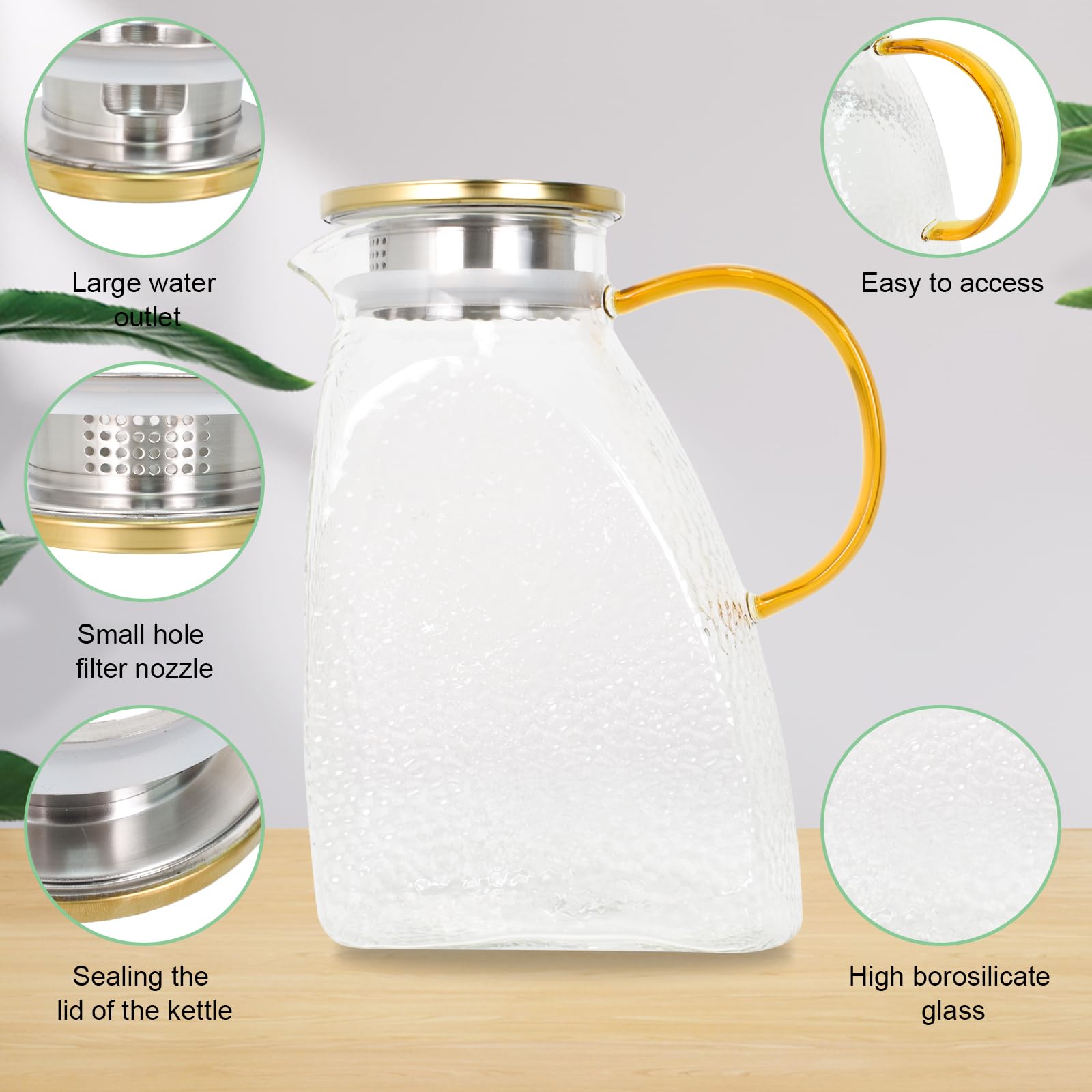 Pichet à Eau 1.5L En Verre Borosilicate - Carafe Avec Couvercle Acier Inoxydable - Résistant Chaud/Froid - Idéal Frigo