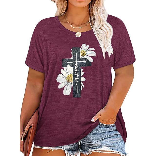HDLTE 2 HDLTE Plus Size Tops Women Cross Faith Tshirt Daisy Graphic Short Sleeve Casual Tee(Purple, 1X)
