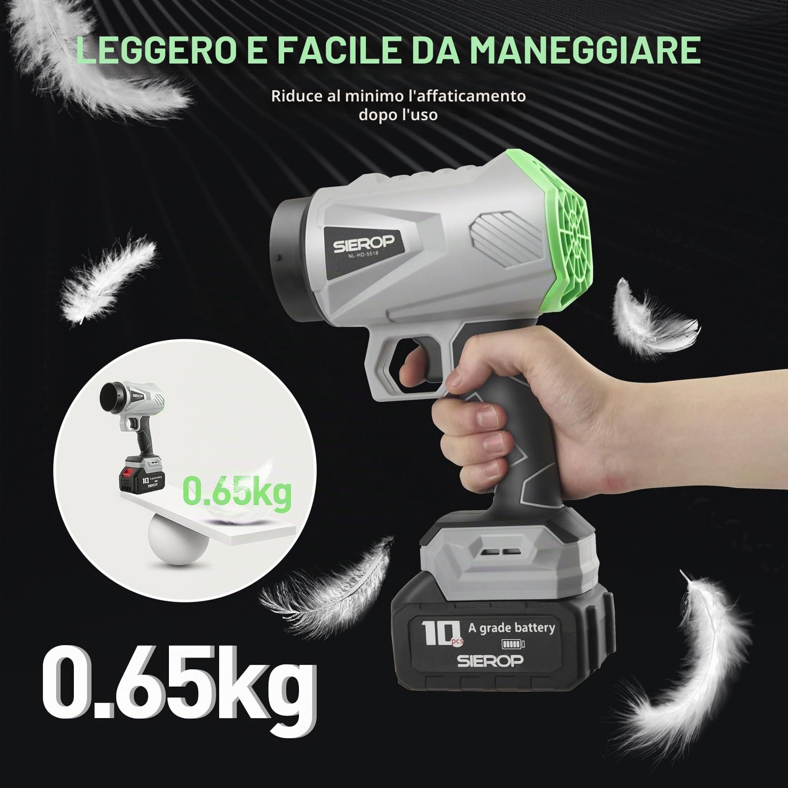 Soffiatore a batteria, piccolo soffiatore senza fili con 2 batterie da 2,5 Ah e caricatore e 3 ugelli, potenza di soffiaggio 1,2 kg, motore senza spazzole, per campeggio, giardino e officina