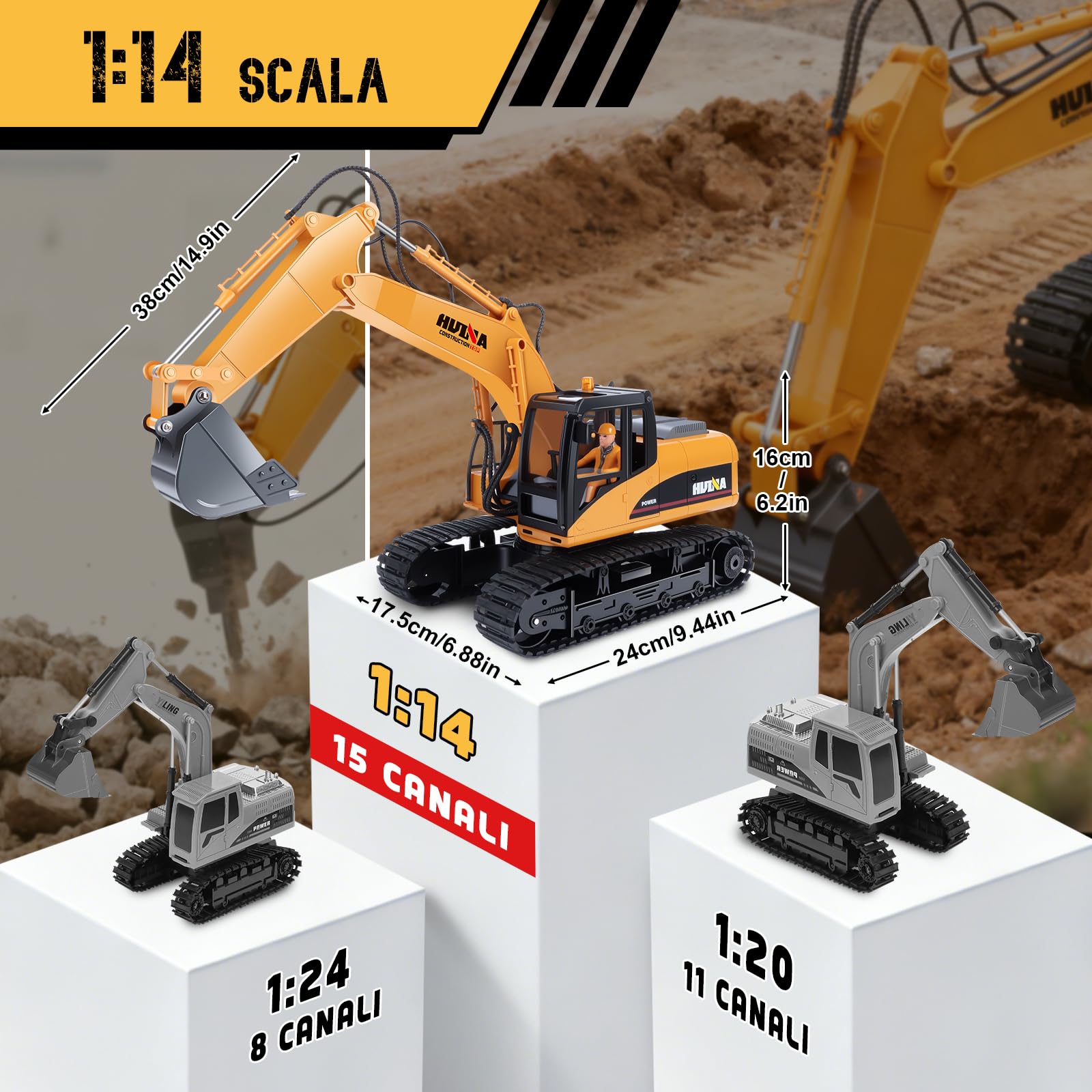 FORMIZON 2.4G Hz 15CH Escavatore Radiocomandato Benna, Martello Idraulico, Presa per Legno 3-in-1 Metallo Accessori Ruspa Escavatore Giocattolo Regalo Bambino 8 9 10 11 12 Anni Maschio