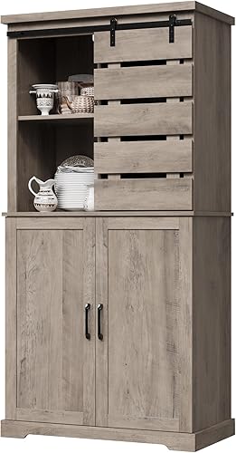 Armario de despensa de cocina, armario de almacenamiento alto con puerta corrediza de granero y estantes ajustables, armario independiente de cocina