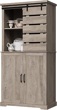 BOTLOG Kitchen Pantry Cabinet, Tall Storage Cabinet with Sliding Barn Door and Adjustable Shelves, Kitchen Freestanding Cupboard for Dining Room, Living Room, Laundry