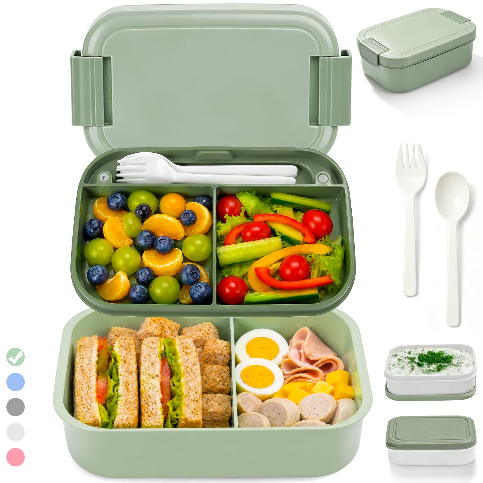 BIBURY Brotdose für Kinder und Erwachsene Mit Fächern, 1960 ML BPA-Frei, Auslaufsicher Lunchbox, Bento Box Mit Besteck und Saucenbox für Schule, Picknick & Unterwegs