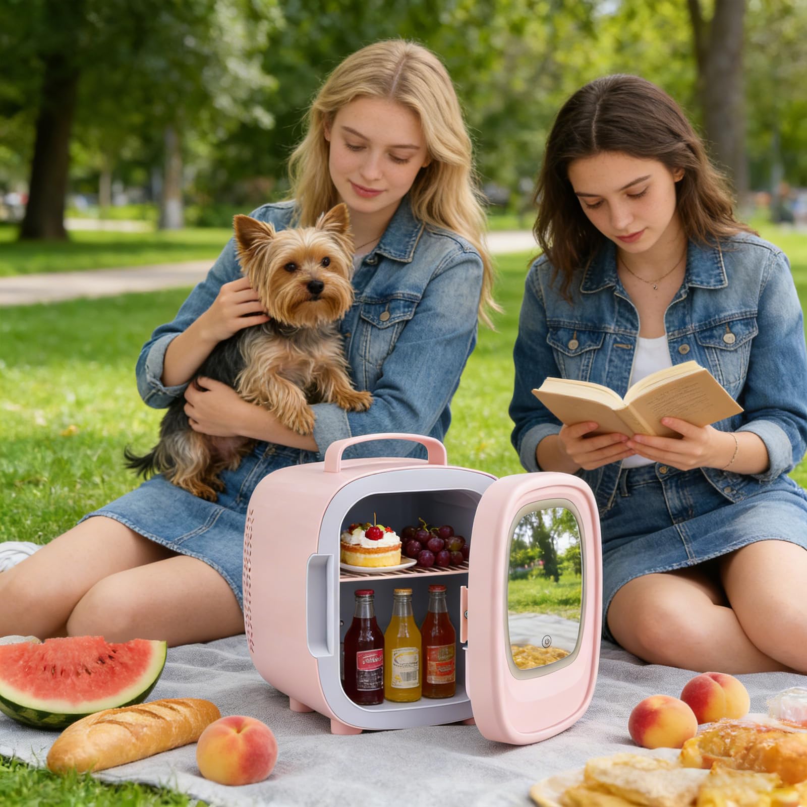 Mini Réfrigérateur 6L, Mini Frigo Cosmétique avec Miroir LED, Portable Thermoelectrique Chauffe & Refroidisseur, AC/DC pour Chambre, Soins de la Peau, Boissons, Bureau, Dortoir et Voiture (Rose)
