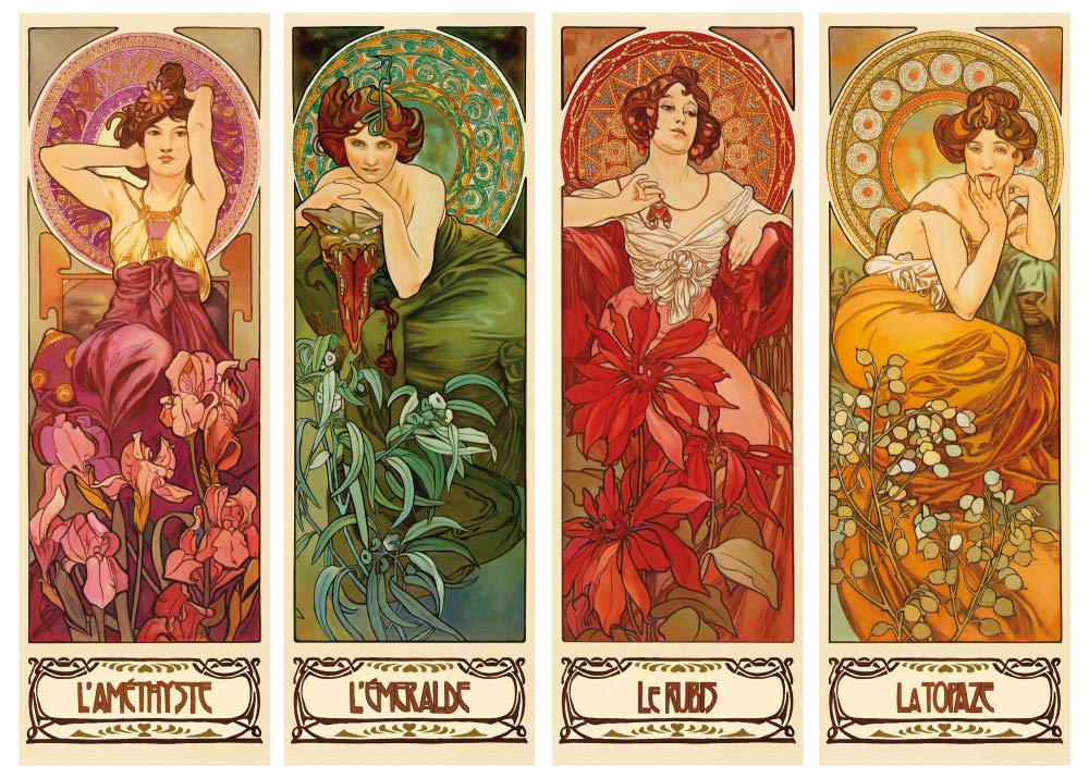 1art1 Alphonse Mucha Poster Die Vier Edelsteine, 1900, 4-Teilig Bilder Leinwand-Bild Auf Keilrahmen | XXL-Wandbild Poster Kunstdruck Als Leinwandbild 120x90 cm