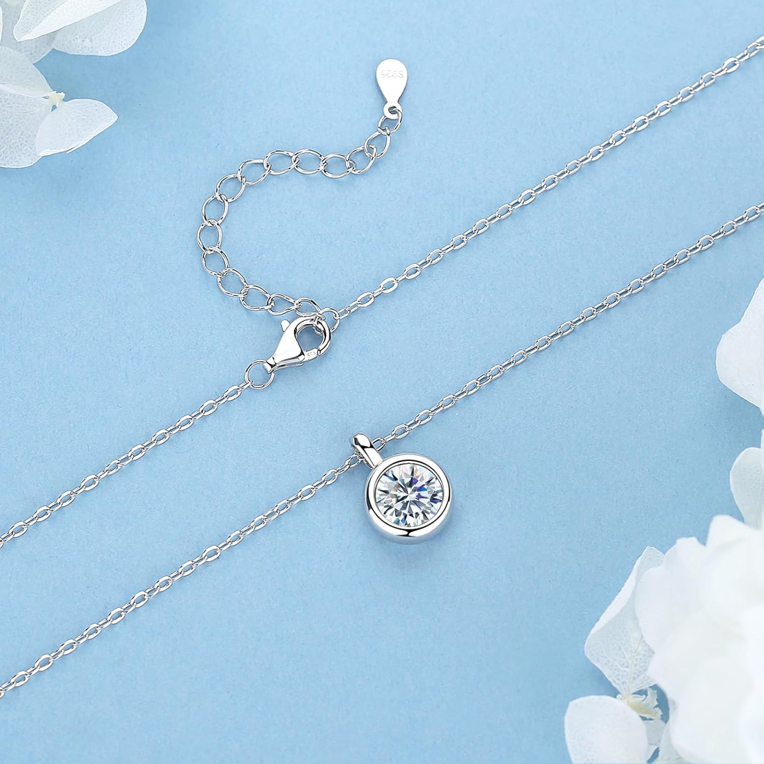 925 Sterling Silver Moissanite Necklace for Women,1-2CT Bezel Set Solitaire D Color Pendant Necklaces 18"+2" Jewelry Gifts for Birthday Wedding Christmas - Image 5