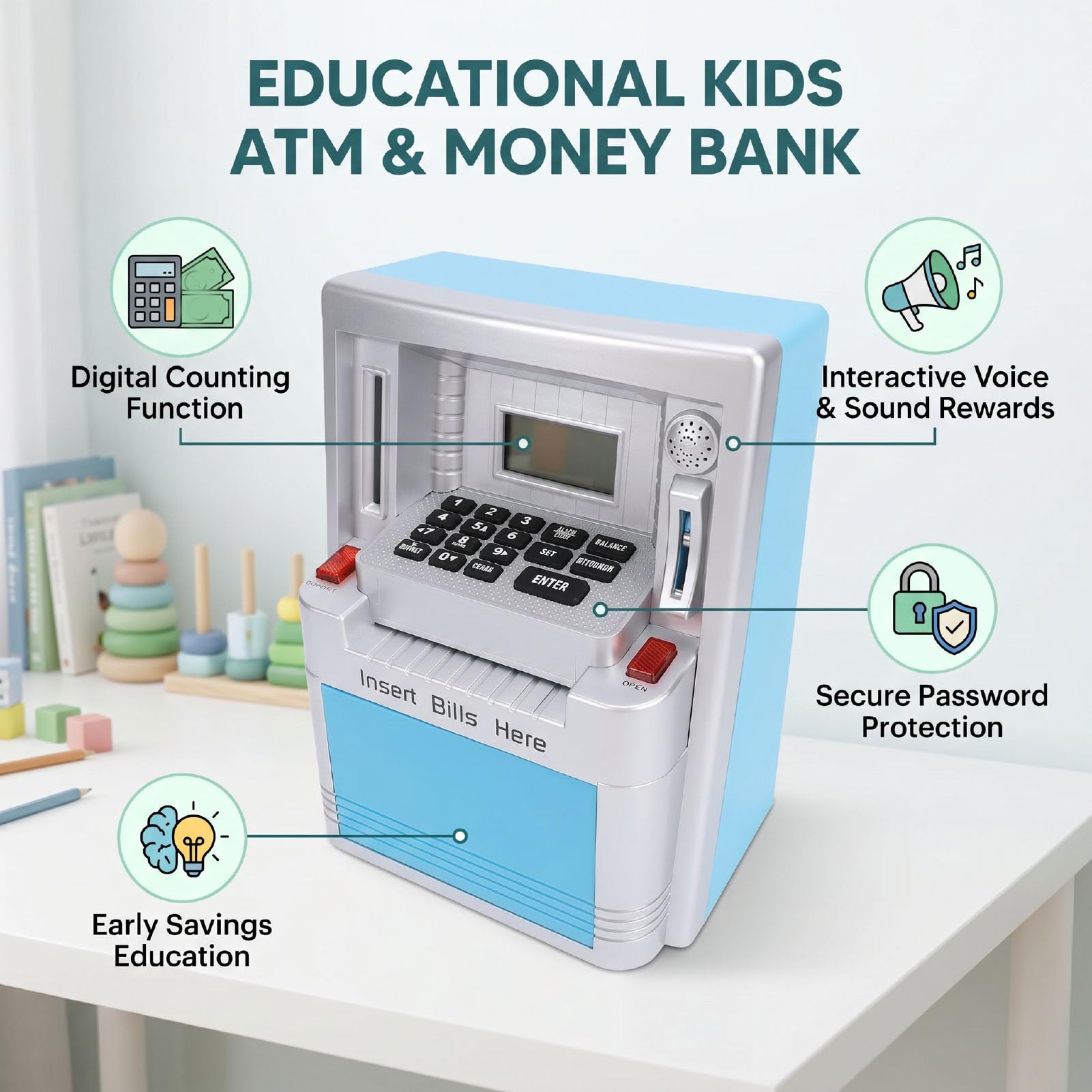 Salvadanaio ATM Interattivo Vocale per Bambini, Salvadanaio Elettronico con Conteggio Digitale con Protezione Tramite Password, Giocattolo di Risparmio Intelligente con Premi Sonori,