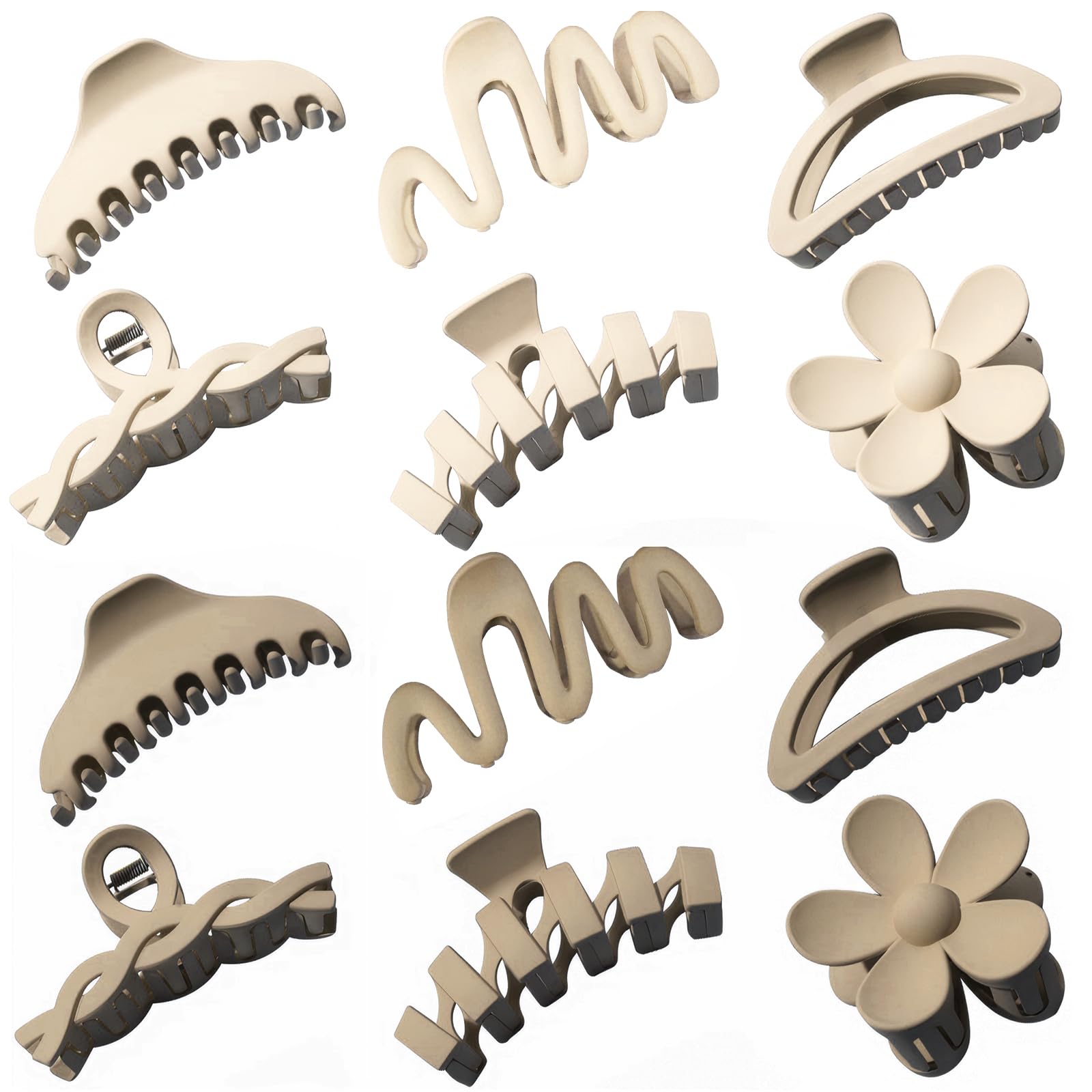 12 Pcs Claw Clips, Multi-Shapes Hair Clips for Women Girls, Non-Slip Large Jaw Claw Clips for Thick Thin Curly Hair Accessories (White + Beige)