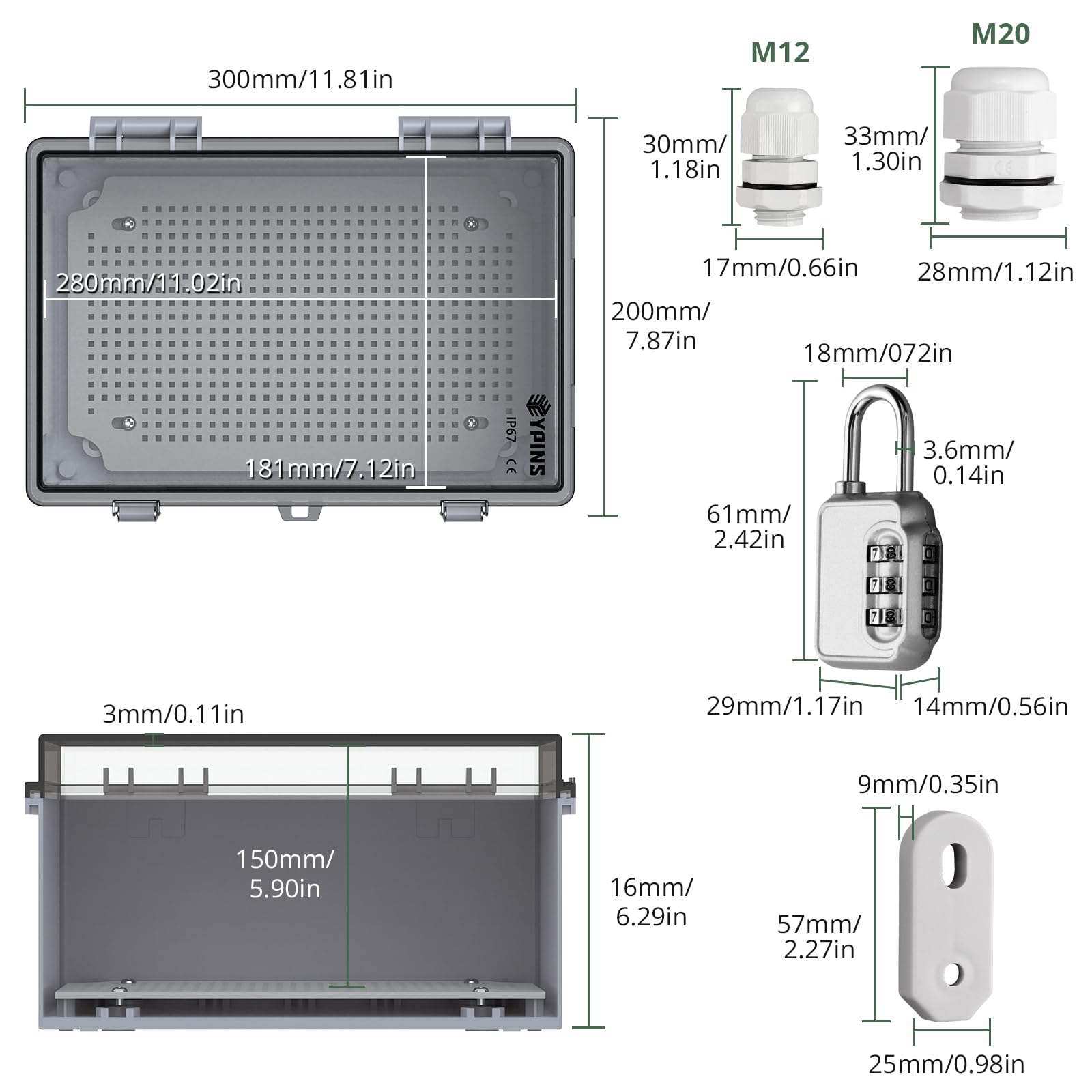 EYPINS Caja Estanca Exterior Electrica Impermeable IP67 30 * 20 * 17cm | Cuadro Eléctrico Superficie con Carcasa ABS,Cajas de Empalmes Transparente,Candado de combinación,para Exterior Garaje Sótano