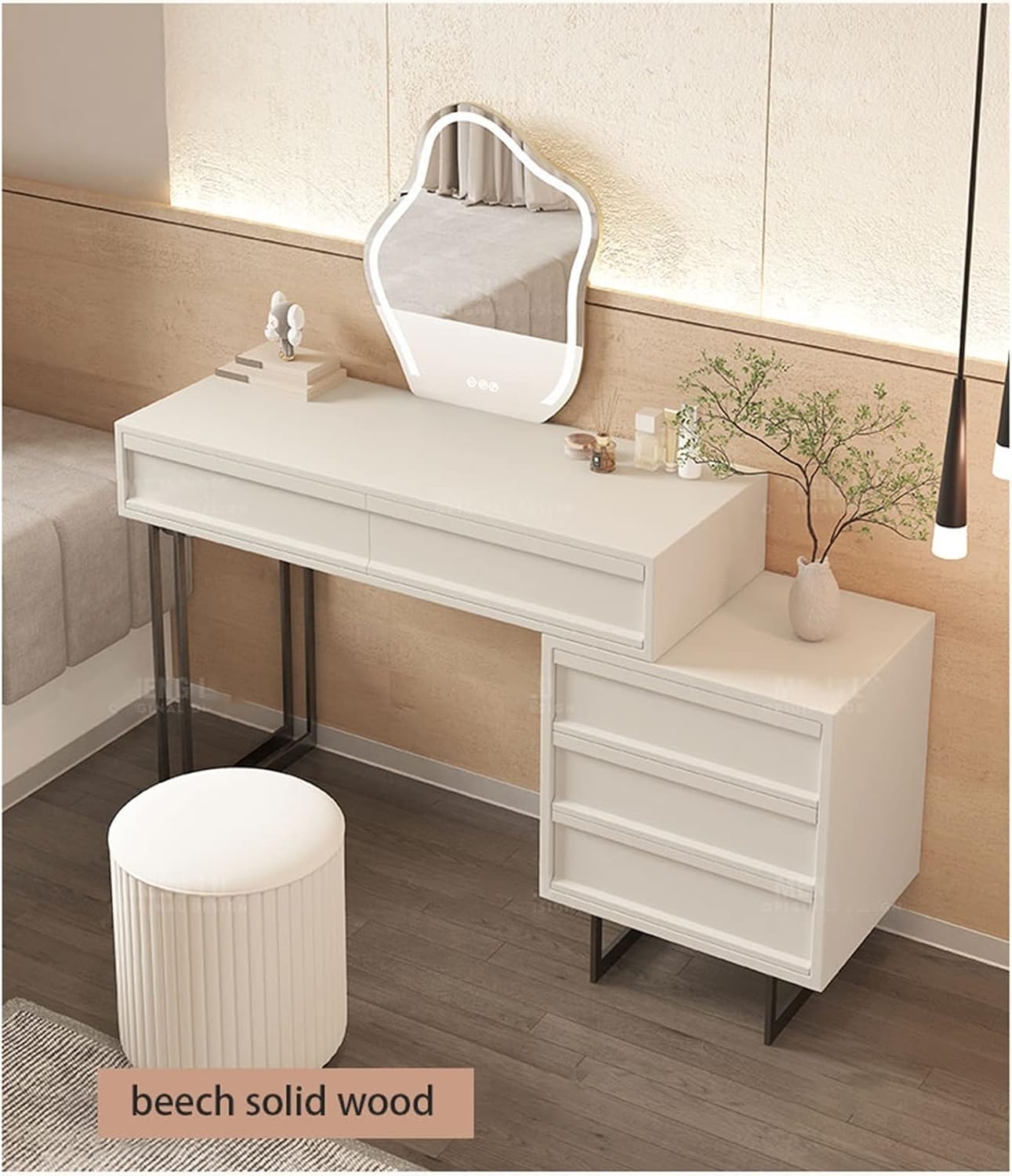 Vanity Dressing Table Set Luxury Makeup Bench with 3 Colors Led Hd Mirror,Comfortable Stool Drawers Cabinet,Modern Simple Style,for Girl's Gift (Size : 80cm) ()