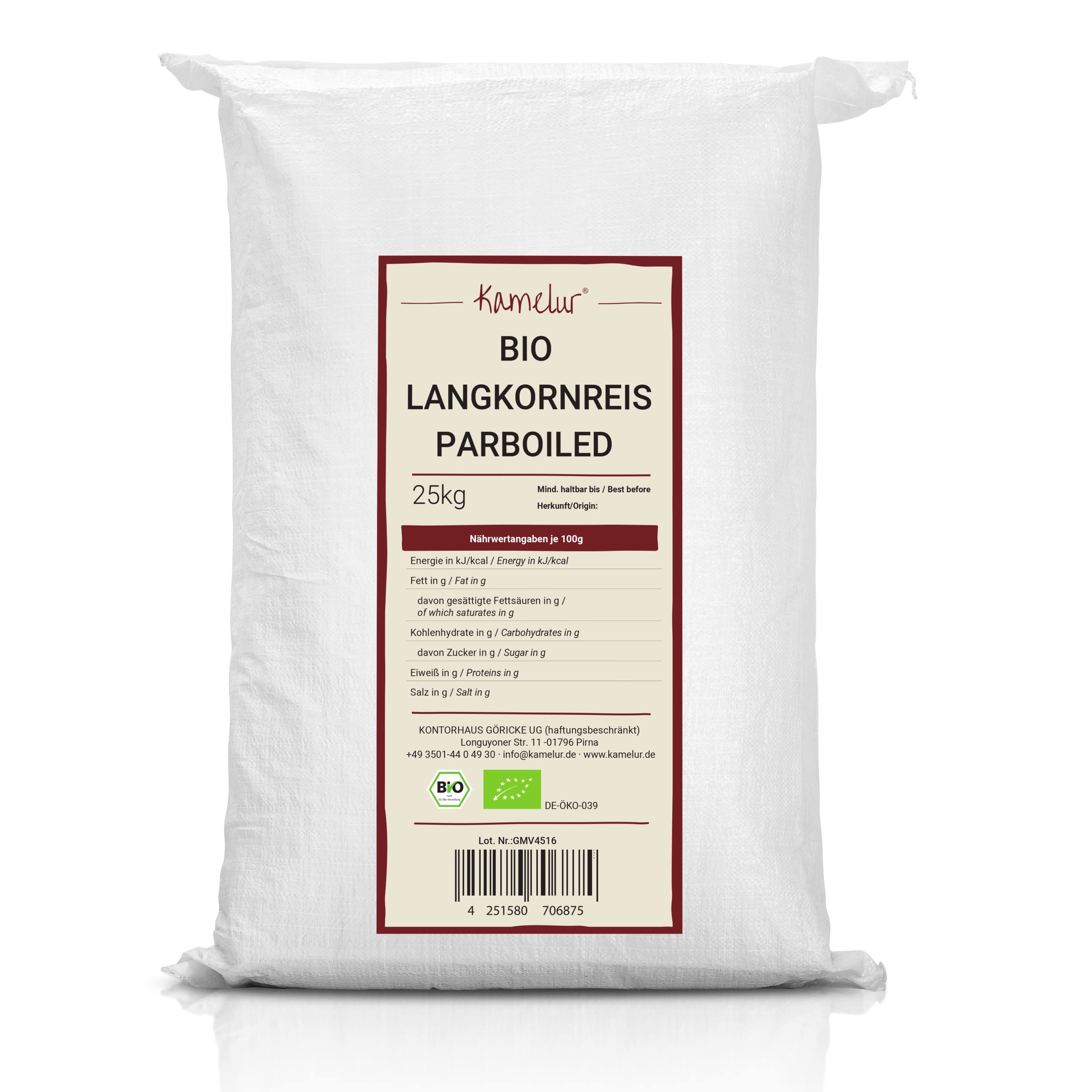 Kamelur 25kg BIO Langkornreis parboiled – weißer Langkornreis BIO ohne Zusätze – parboiled Langkornreis weiß in der Großpackung
