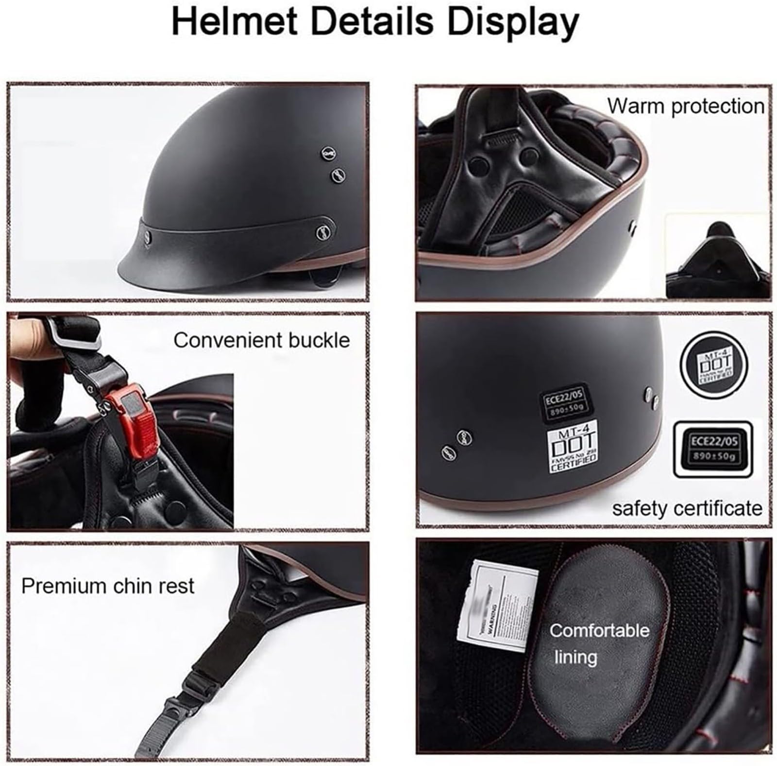 Stile Tedesco Retrò Mezzo Casco, Faccia Aperta Casco Motociclistico con Regolabile Fibbia a Rilascio Rapido, ECE Approvato Harley Caschi da Moto, per Adulto Uomini Donne